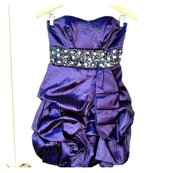 NAVY STRAPLESS DRESS TAFFETA BEADED & SEQUIN SIZE 9 - Picture 1 of 4